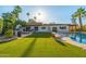 Expansive backyard with artificial grass, pool, built-in barbecue, and comfortable seating at 7821 N Via De La Sombre --, Scottsdale, AZ 85258