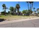 Charming single-story home featuring a well-manicured lawn and desert landscaping, complemented by mature palm trees at 12721 W Georgia Ave, Litchfield Park, AZ 85340