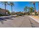 Street view of the neighborhood entrance lined with palm trees and well maintained landscaping at 9600 N 96Th St # 171, Scottsdale, AZ 85258
