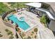 Bird's eye view of backyard pool, hot tub, desert landscaping, and covered patio at 10651 E Fernwood Ln, Scottsdale, AZ 85262