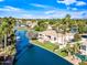 Aerial view of a waterfront home surrounded by lush landscaping and picturesque waterways at 1724 W Blue Ridge Way, Chandler, AZ 85248
