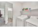 Well-lit laundry room with modern washer and dryer, plus ample shelving at 25787 W Allen St, Buckeye, AZ 85326