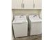 Efficient laundry area with white washer and dryer, and matching white cabinets to maximize storage at 4956 S Leisure Way, Gilbert, AZ 85298