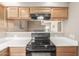 Close-up of black stovetop and oven paired with wooden cabinets and light countertops in the kitchen at 7101 W Beardsley Rd # 542, Glendale, AZ 85308