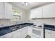 Efficient kitchen with crisp white cabinets and blue countertops, complemented by a vintage white range at 725 W Portland St, Phoenix, AZ 85007