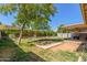Relaxing backyard featuring a covered patio, green grass, block wall, and mature landscaping under a clear blue sky at 820 W Hononegh Dr, Phoenix, AZ 85027
