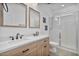 Modern bathroom with double sink vanity, framed mirrors, and glass-enclosed shower at 4125 W Gary Way, Laveen, AZ 85339
