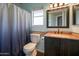 Bathroom features a vanity, toilet, and shower with blue-themed decor at 1406 E Jasper Dr, Chandler, AZ 85225
