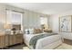 Cozy bedroom with patterned accent wall, plush bedding, and stylish lamps on the matching bedside tables at 25481 W Graham Trl, Buckeye, AZ 85326