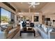 Open-concept living room with seating areas offering an open floorplan to kitchen and bar, perfect for hosting at 35180 N Boulder Pass, Scottsdale, AZ 85266