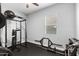 Bright, well-equipped home gym with rubber flooring, weight rack, and ceiling fan at 3818 E Appaloosa Rd, Gilbert, AZ 85296