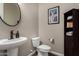 Stylish powder room with pedestal sink, modern fixtures, and elegant decor at 2023 W Yellowbird Ln, Phoenix, AZ 85085