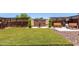 Beautiful backyard featuring an artificial lawn, decorative wall and mature plantings at 21284 E Camacho Rd, Queen Creek, AZ 85142