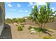 Desert-style backyard with gravel, green landscaping and desert trees, and a block wall at 18032 W Muirwood Dr, Goodyear, AZ 85338
