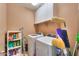 The laundry room features a washer, dryer, storage shelves, and cleaning supplies at 41004 W Crane Dr, Maricopa, AZ 85138