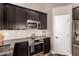 Close-up of kitchen features stainless steel appliances, dark cabinets, and modern fixtures at 846 N 81St St, Mesa, AZ 85207