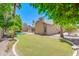 Lush backyard with grass, palm trees, desert landscaping, and view of home at 1470 W Bartlett Way, Chandler, AZ 85248