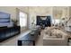 Open-concept living room featuring hardwood floors, high ceilings, black console, and large windows at 7527 E Nestling Way, Scottsdale, AZ 85255