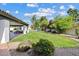 Large grassy backyard featuring lush landscaping, mature trees, and a charming covered patio area with outdoor seating at 10205 E Corrine Dr, Scottsdale, AZ 85260