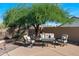 Relaxing outdoor living space with comfortable seating beneath a large shade tree at 10607 E Hillside Mine Ct, Gold Canyon, AZ 85118