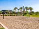 Community sand volleyball court with string lights strung above it, framed by palm trees at 2519 E Fortana Dr, San Tan Valley, AZ 85143