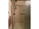 Shower with a chrome shower head, safety grab bar, and soap and shampoo bottles on a small shelf at 40047 N Cassara Dr, San Tan Valley, AZ 85140