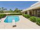 Backyard with inviting pool, diving board, mature landscaping, and covered patio at 5905 E Donna Ln, Paradise Valley, AZ 85253
