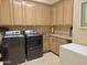 Laundry room with plenty of cabinets, sink area, and updated washer and dryer at 136 E Desert Wind Dr, Phoenix, AZ 85048