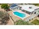 Aerial view of a private pool with a desert landscape and solar panels in this charming backyard at 1736 N Ashbrook Cir, Mesa, AZ 85213