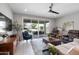 Comfortable living room with a ceiling fan, sliding glass doors, and a view of the backyard patio at 24226 N 22Nd St, Phoenix, AZ 85024