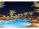 Serene community pool illuminated at night, lined with palm trees and offering ample seating at 10718 E Vivid Ave, Mesa, AZ 85212
