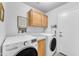 Modern laundry room featuring a washer, dryer, cabinets, and door to outside at 22609 S 214Th Way, Queen Creek, AZ 85142