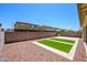 Landscaped backyard with a stone patio area and artificial turf sections at 3361 E Wisteria Pl, Chandler, AZ 85286