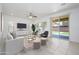 Bright living room with tile floors, stylish furniture, ceiling fan and sliding glass doors to the backyard at 3361 E Wisteria Pl, Chandler, AZ 85286