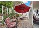 Charming outdoor patio with cozy seating, lush plants, and ample shade at 5534 E Player Pl, Mesa, AZ 85215