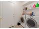 Convenient laundry room featuring side-by-side washer and dryer, with storage shelves and exterior access door at 6276 N 75Th Ln, Glendale, AZ 85303