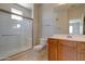 Well-lit bathroom with glass shower and vanity with sink and wood cabinetry at 1335 E June St # 221, Mesa, AZ 85203