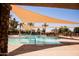Inviting community pool with shade, lounge chairs, and lush tropical landscaping at 1364 W Spine Tree Ave, Queen Creek, AZ 85140