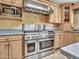 A chef's kitchen features a high-end stainless steel range, ample storage, and blue countertops at 19506 N 73Rd Ave, Glendale, AZ 85308