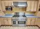 A chef's kitchen features a high-end stainless steel range, ample storage, and blue countertops at 19506 N 73Rd Ave, Glendale, AZ 85308