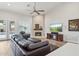 Bright living room with a stone fireplace, ceiling fan, and view to the pool at 4960 E Dale Ln, Cave Creek, AZ 85331