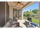 Covered patio showing seating, a ceiling fan, and a view of the fenced-in artificial turf yard at 8180 E Shea Blvd # 1019, Scottsdale, AZ 85260