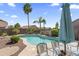 Lush backyard showcasing a pool, patio, dining area, and mature palm trees, providing a tranquil oasis at 10333 E Gold Nugget Ct, Gold Canyon, AZ 85118