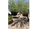 Beautiful backyard featuring mature tree, desert landscaping, brick patio, and storage shed at 1241 E Palo Verde Dr, Casa Grande, AZ 85122