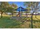 A colorful playground featuring a sunshade with slides, ladders, and benches in a green neighborhood park at 1633 E Lakeside Dr # 127, Gilbert, AZ 85234