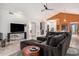 Bright living room featuring a gray sectional couch, ceiling fan, and high vaulted ceilings at 9389 N 87Th Way, Scottsdale, AZ 85258