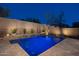 Inviting rectangular pool with water feature wall, lush greenery, and brick perimeter wall lit in the evening at 31311 N 138Th Ave, Peoria, AZ 85383