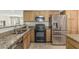 Close-up of kitchen with stainless steel appliances, granite countertops, and wooden cabinets at 591 N Cheri Lynn Dr, Chandler, AZ 85225