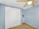 Bedroom features a ceiling fan, blue walls, built-in storage and closet with wood-look floors at 747 E Germann Rd # 15, San Tan Valley, AZ 85140