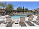 Beautiful community pool featuring lounge chairs and lovely desert landscaping at 9548 E Kiva Ln, Gold Canyon, AZ 85118